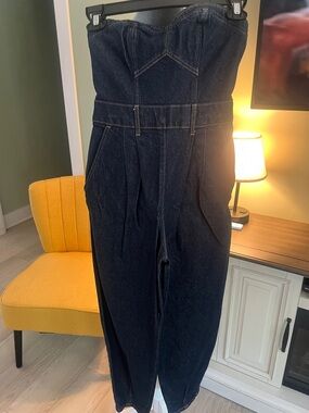 Express Dark Blue Strapless Denim Jumpsuit